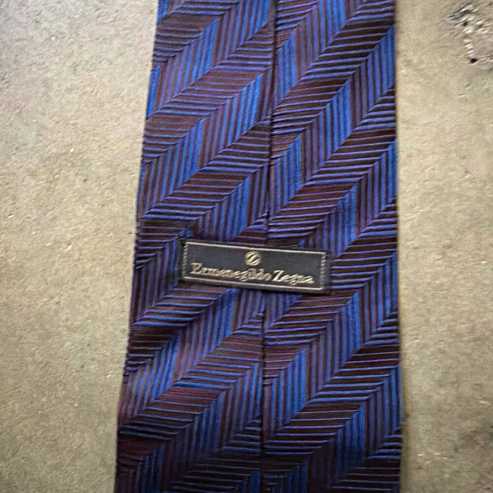 Ermenegildo Zegna Geometric Jacquard Silk Tie Blue Brown Woven Logo Men's